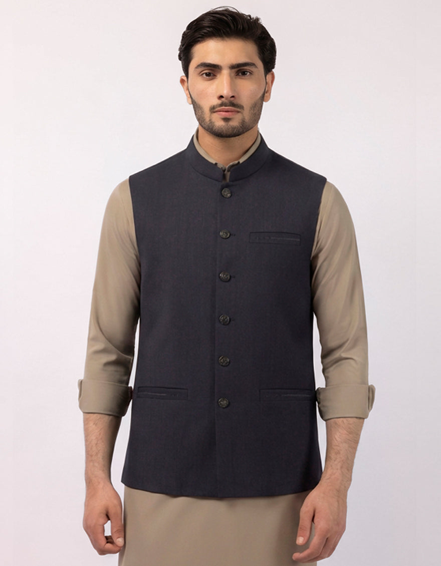 Suiting Navy Blue Waist Coat - J. Junaid Jamshed