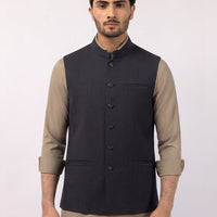 Suiting Navy Blue Waist Coat - J. Junaid Jamshed