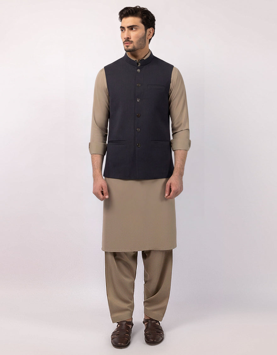 Suiting Navy Blue Waist Coat - J. Junaid Jamshed