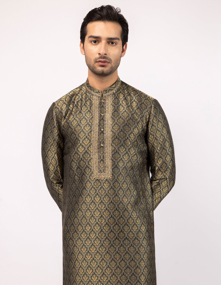 Polyester Antique Green Special Kurta - J. Junaid Jamshed