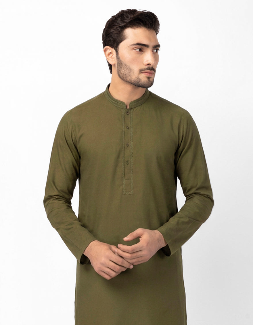 Cotton Mehndi Green Kurta - J. Junaid Jamshed