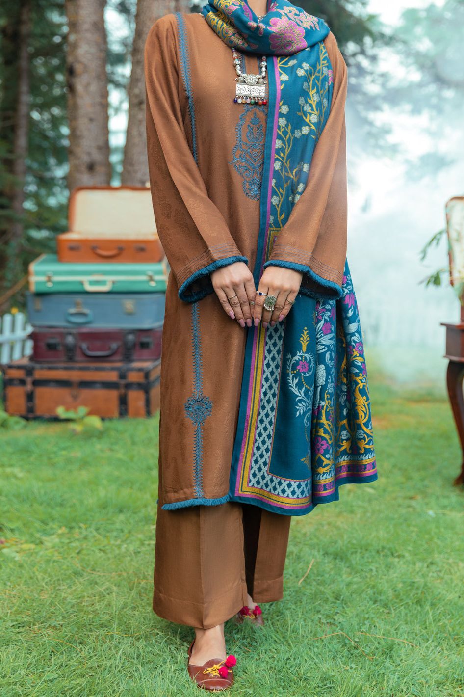 Jacquard Brown Stitched Suit - Almirah