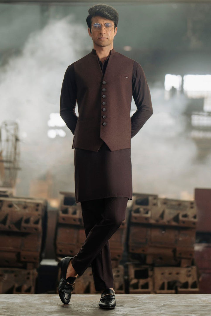 Polyester Viscose Maroon Waist Coat - Almirah