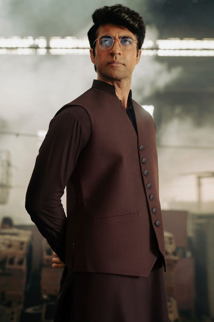 Polyester Viscose Maroon Waist Coat - Almirah