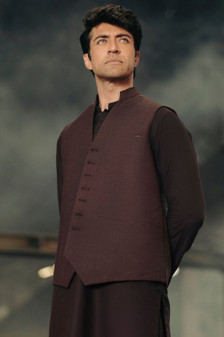 Polyester Viscose Maroon Waist Coat - Almirah