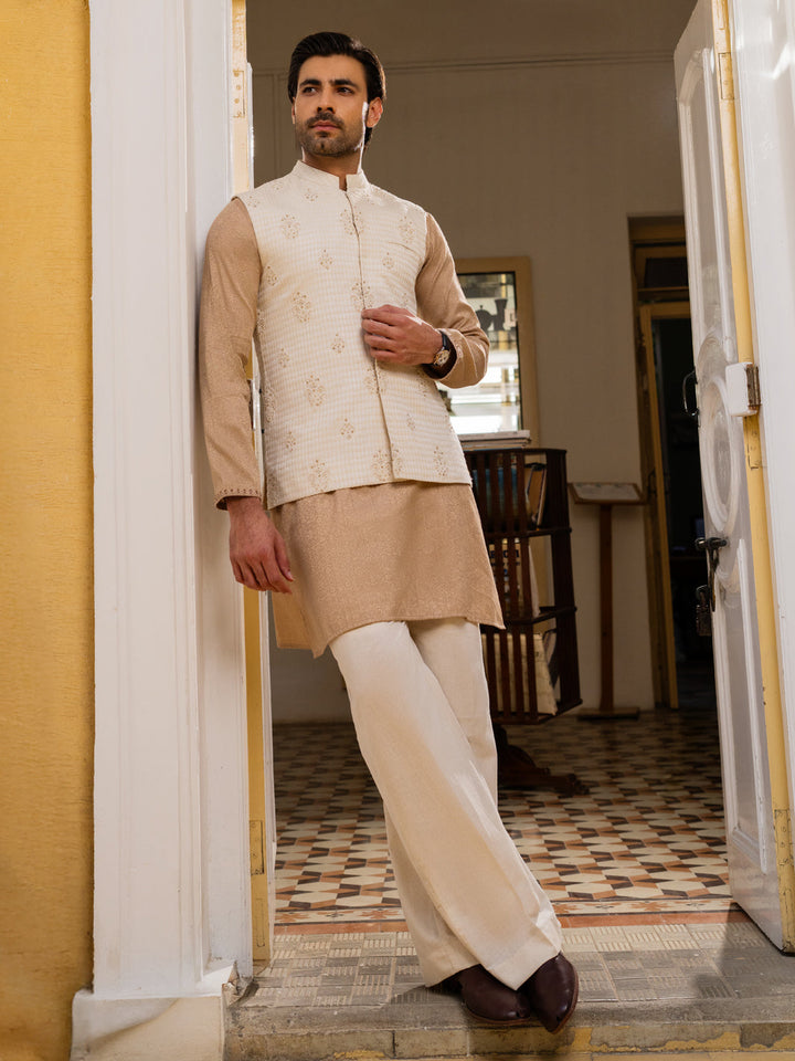 Karandi Polyester Off White Waist Coat - Almirah
