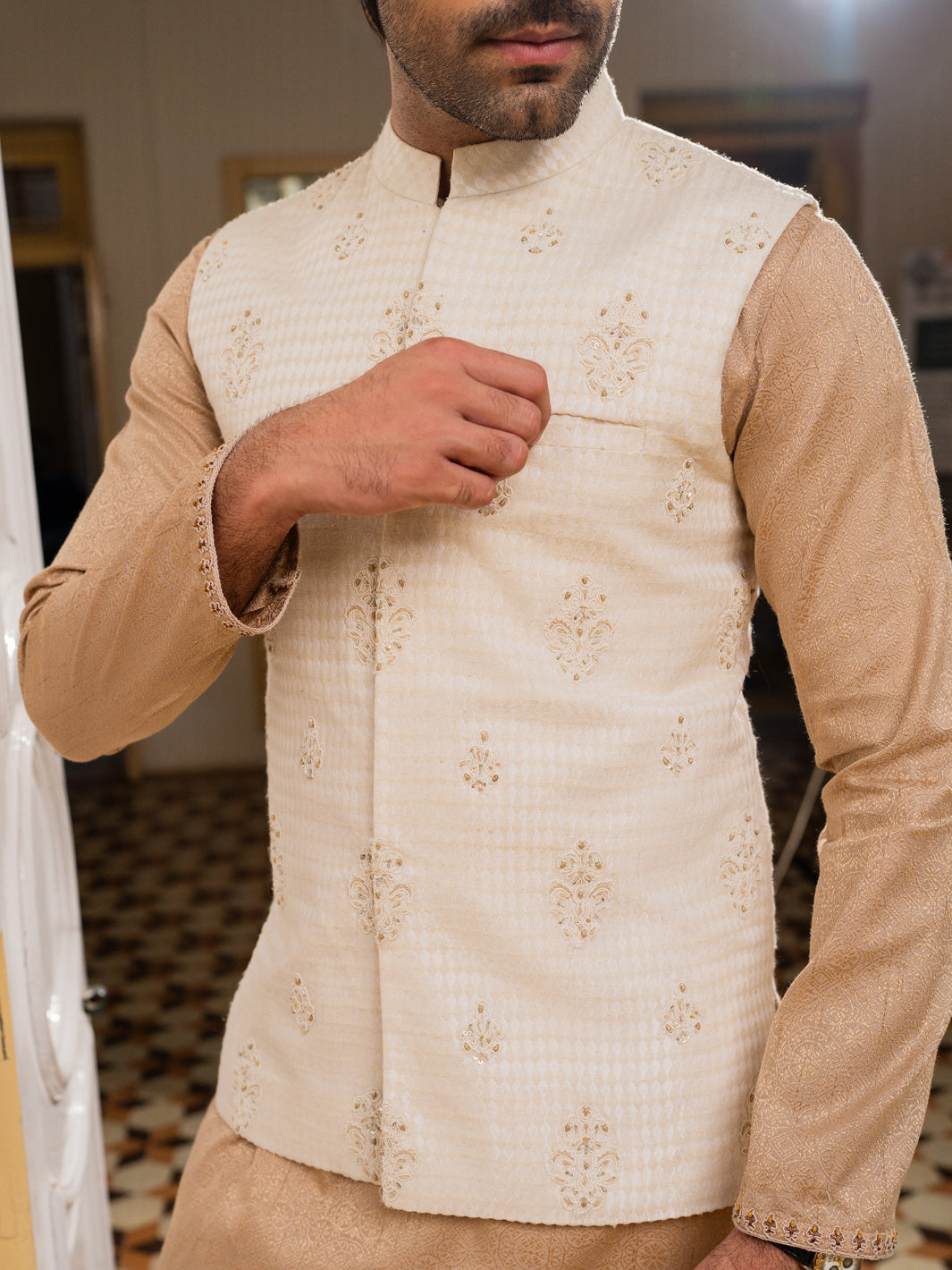 Karandi Polyester Off White Waist Coat - Almirah