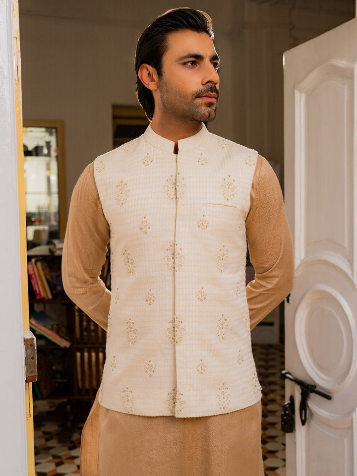 Karandi Polyester Off White Waist Coat - Almirah