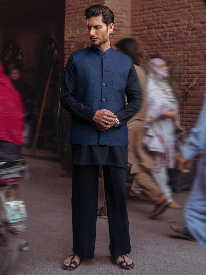 Blended Navy Blue Waist Coat - Almirah