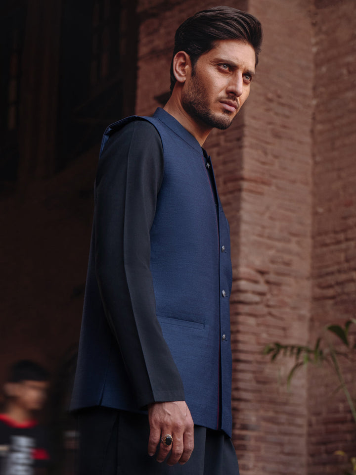 Blended Navy Blue Waist Coat - Almirah