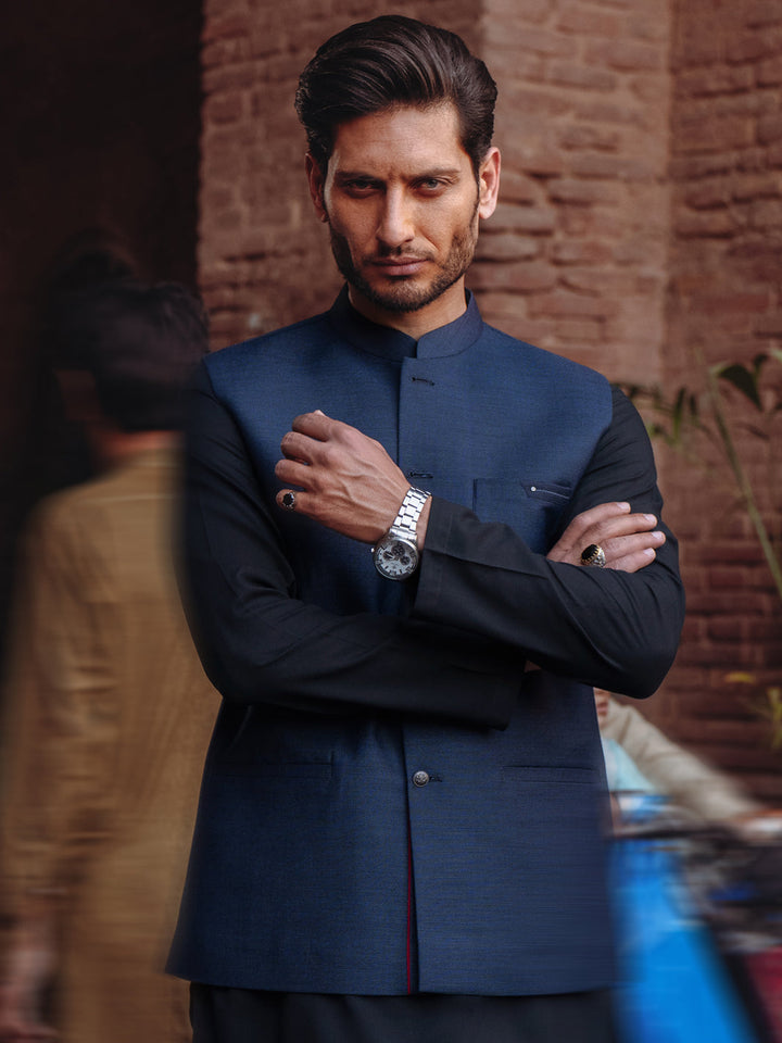Blended Navy Blue Waist Coat - Almirah