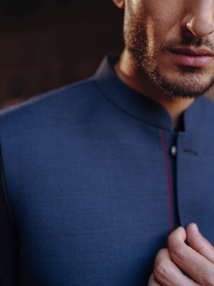 Blended Navy Blue Waist Coat - Almirah