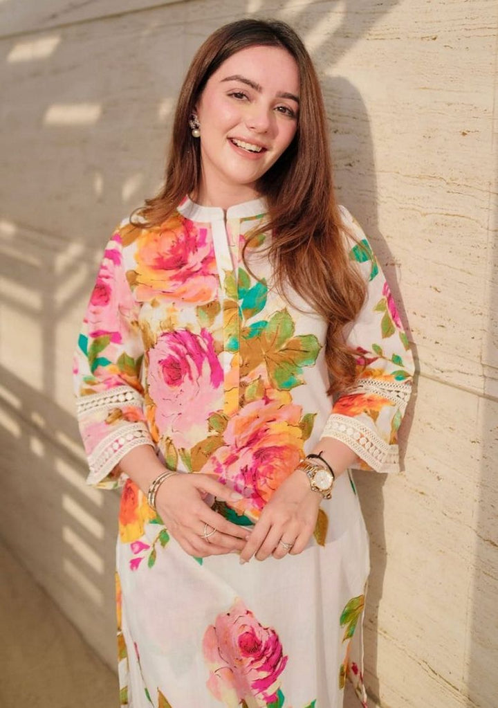 Digital Print Rayon White Stitched Suit - Indya