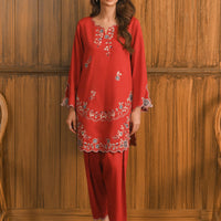 Cotton Satin Red Stitched Suit - Image
