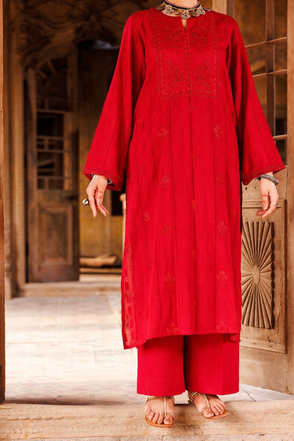 Lino Kara Red Kurti- Almirah