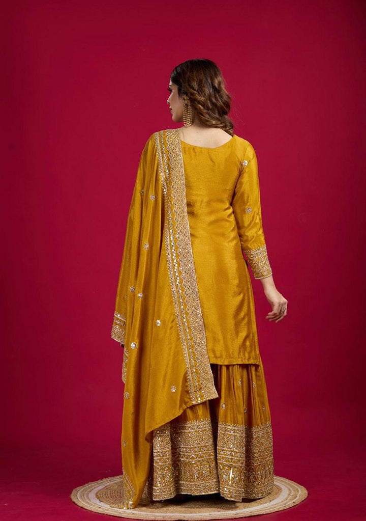 Embroidered Chenderi Mustard Stitched Suit - Indya