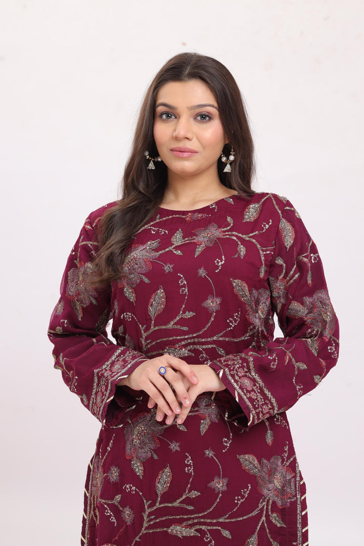 Chiffon Magenta Stitched Suit - Asim Jofa
