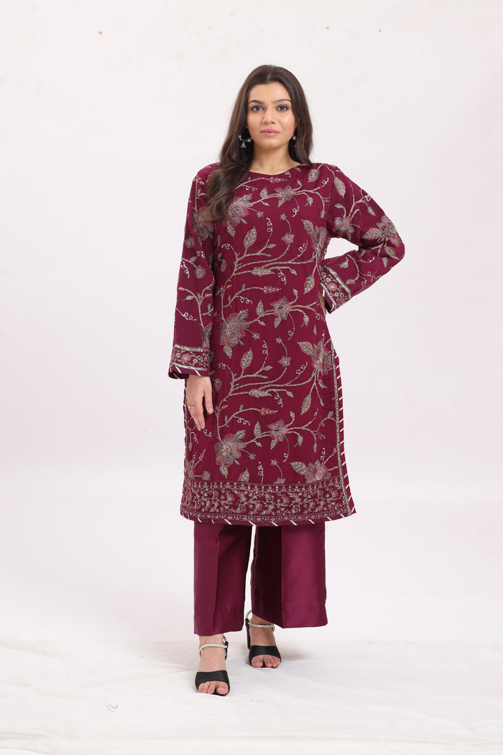 Chiffon Magenta Stitched Suit - Asim Jofa