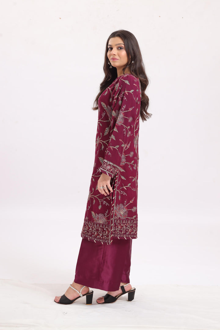 Chiffon Magenta Stitched Suit - Asim Jofa
