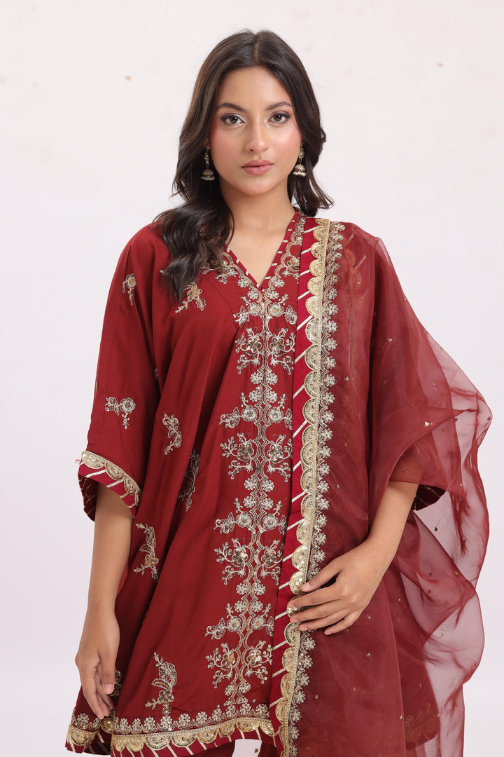 Embroidered Silk Rust Stitched Suit - Asim Jofa