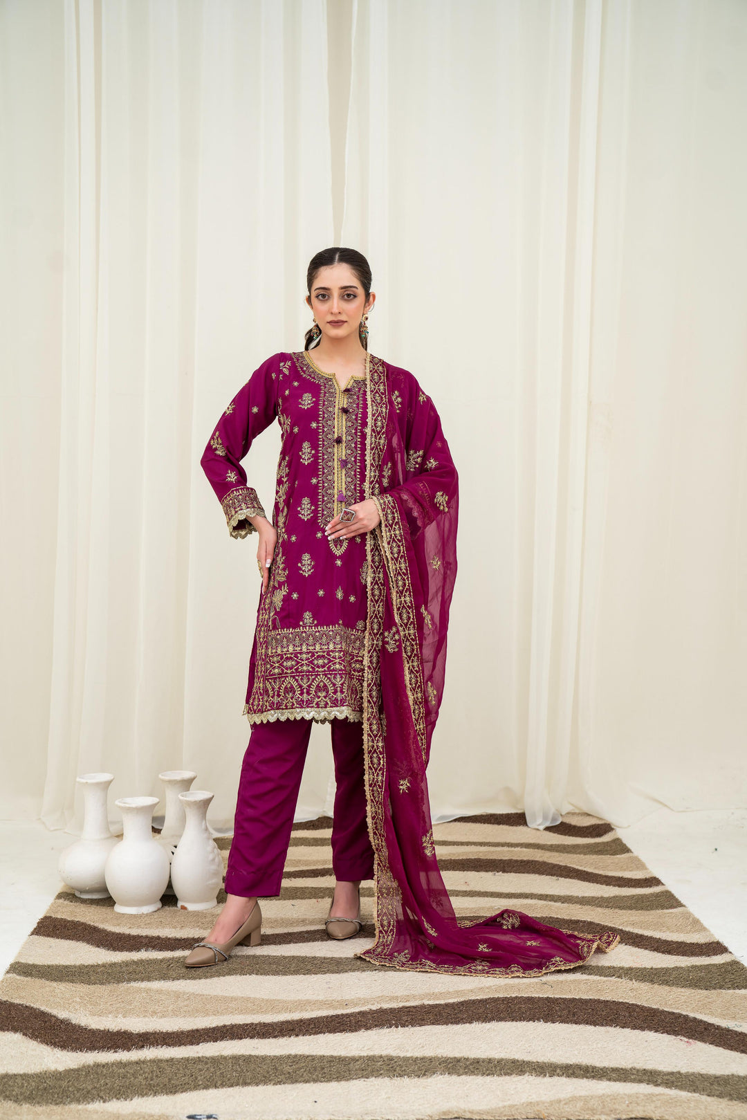 Embroidered Lawn Silk Purple Stitched Suit - Asim Jofa