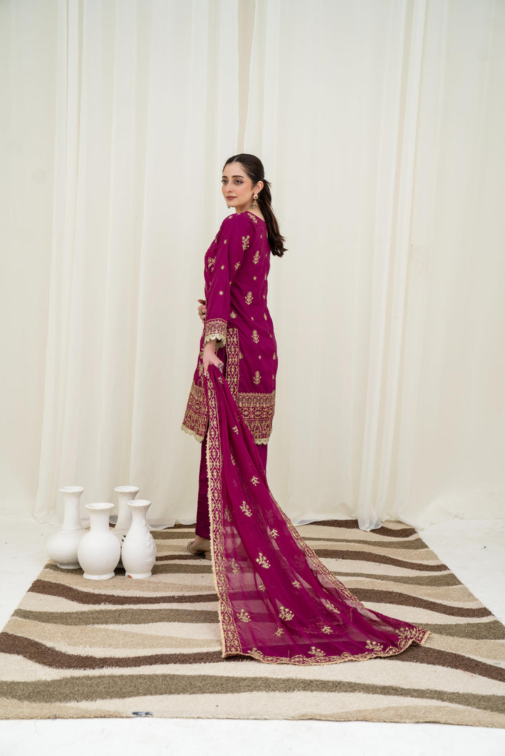 Embroidered Lawn Silk Purple Stitched Suit - Asim Jofa