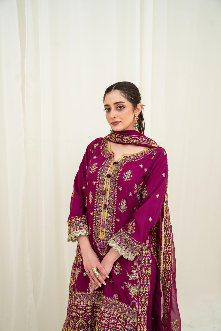 Embroidered Lawn Silk Purple Stitched Suit - Asim Jofa