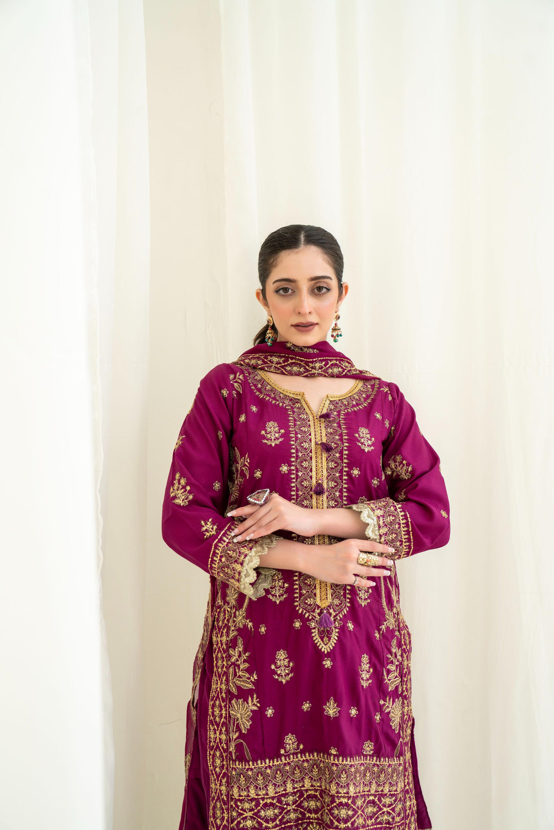Embroidered Lawn Silk Purple Stitched Suit - Asim Jofa