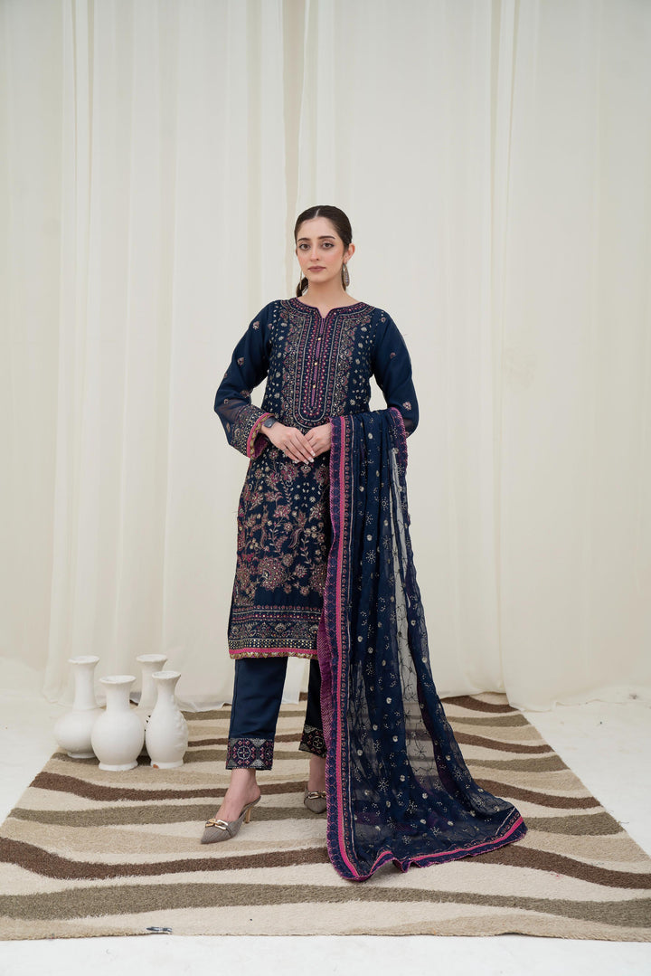 Embroidered Chiffon Navy Blue Stitched Suit - Asim Jofa