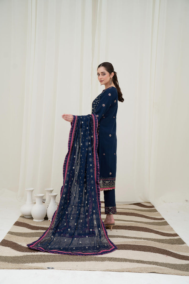 Embroidered Chiffon Navy Blue Stitched Suit - Asim Jofa