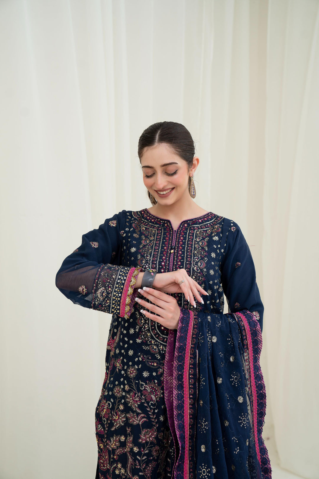 Embroidered Chiffon Navy Blue Stitched Suit - Asim Jofa