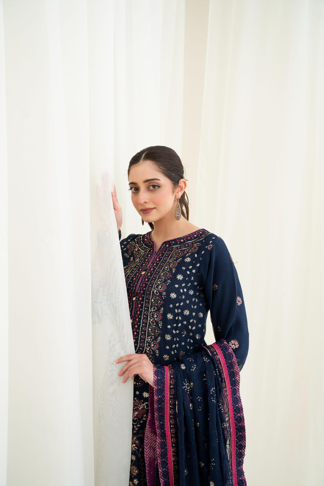 Embroidered Chiffon Navy Blue Stitched Suit - Asim Jofa