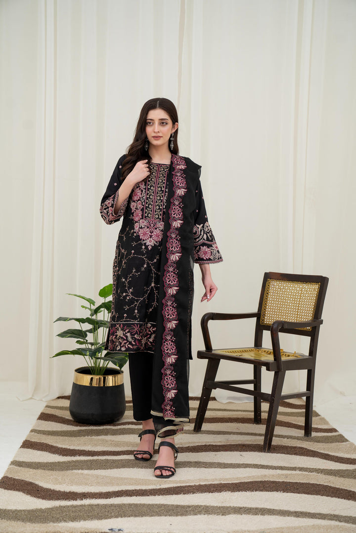Embroidered Silk Black Stitched Suit - Asim Jofa