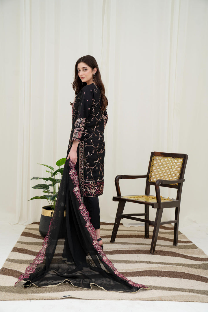 Embroidered Silk Black Stitched Suit - Asim Jofa