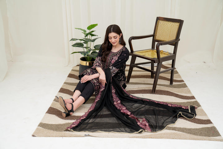 Embroidered Silk Black Stitched Suit - Asim Jofa