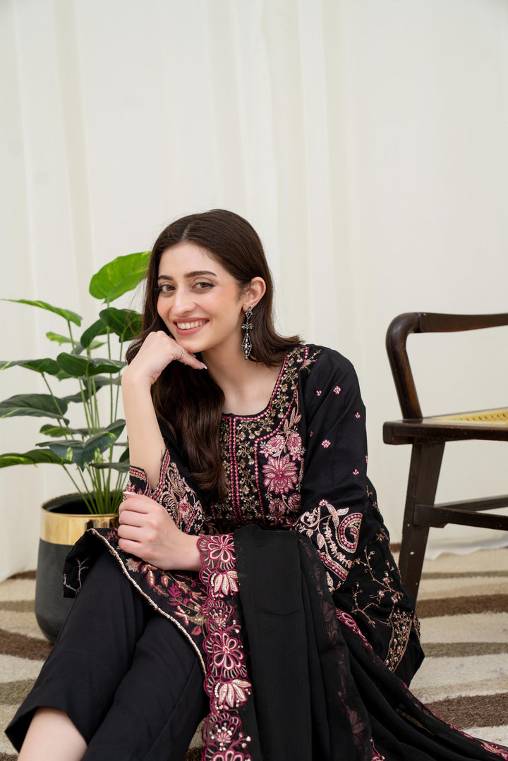 Embroidered Silk Black Stitched Suit - Asim Jofa
