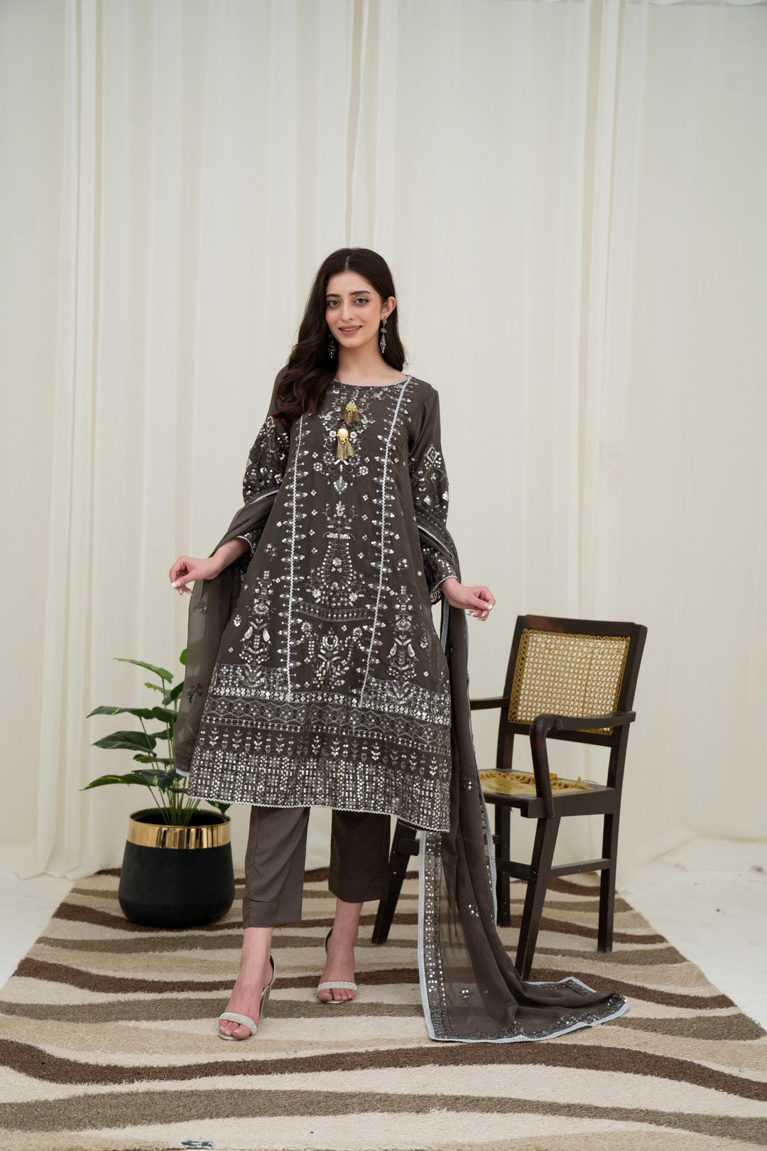 Embroidered Chiffon Brown Stitched Suit - Asim Jofa