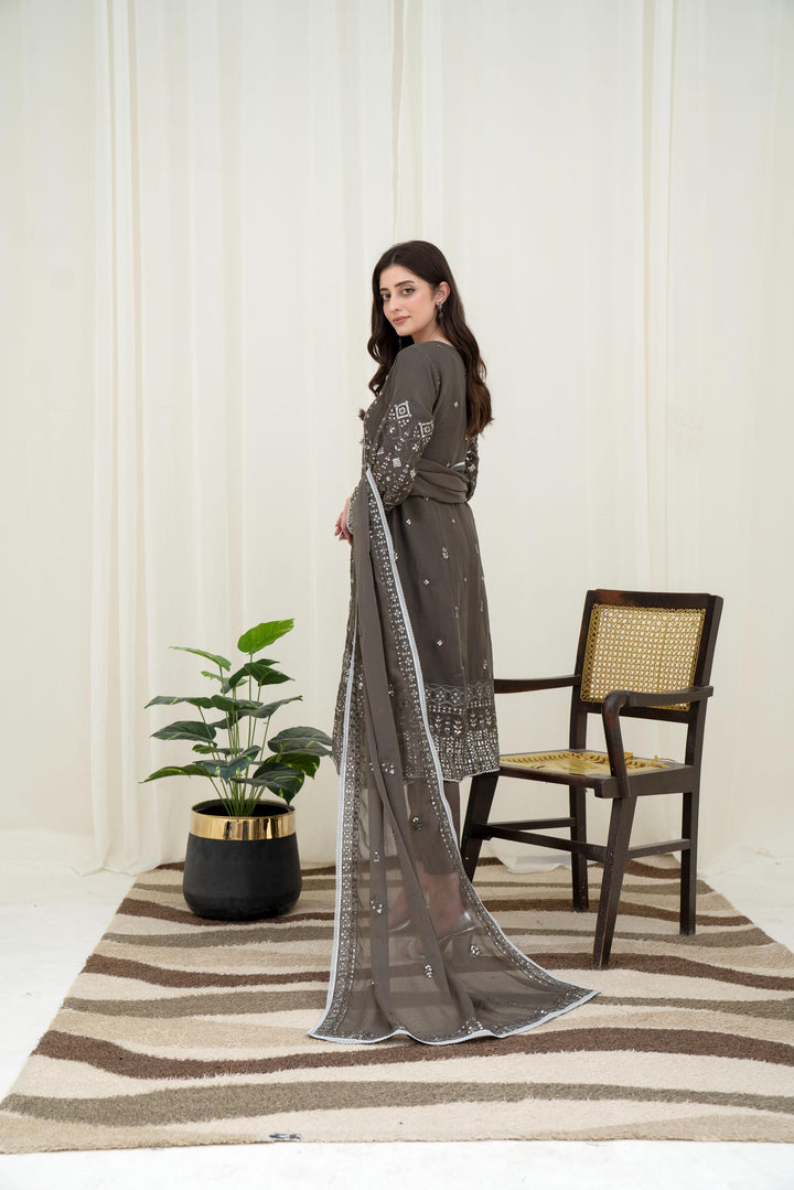 Embroidered Chiffon Brown Stitched Suit - Asim Jofa