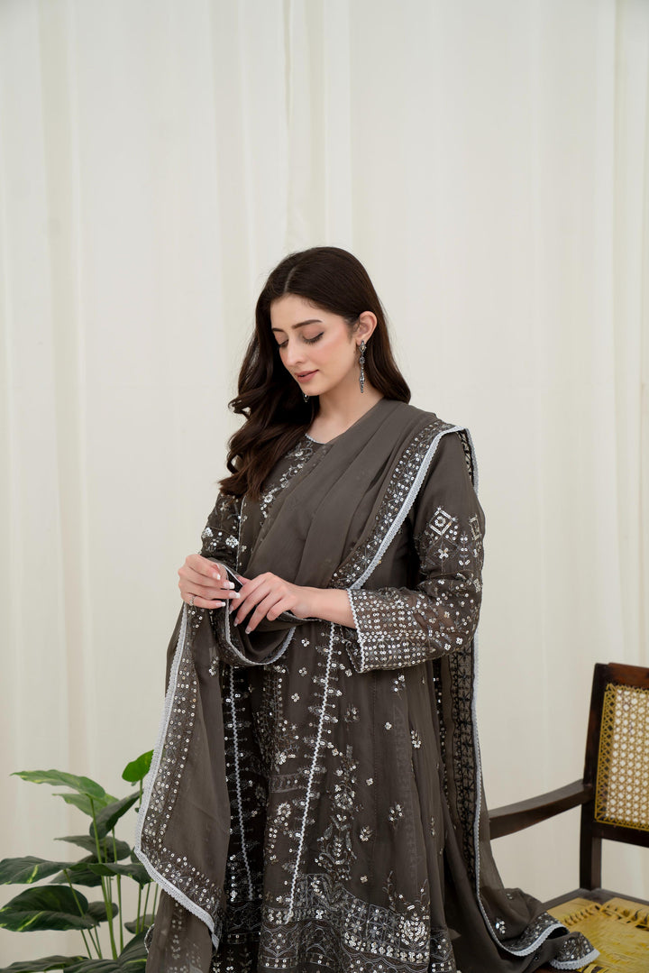 Embroidered Chiffon Brown Stitched Suit - Asim Jofa