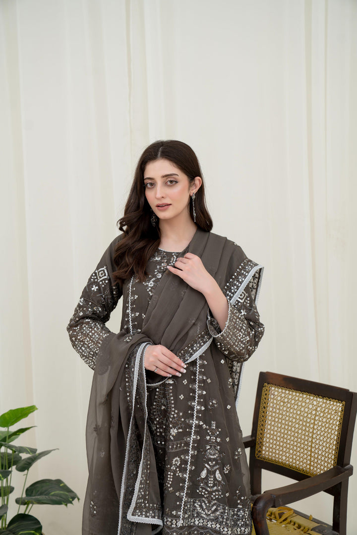 Embroidered Chiffon Brown Stitched Suit - Asim Jofa
