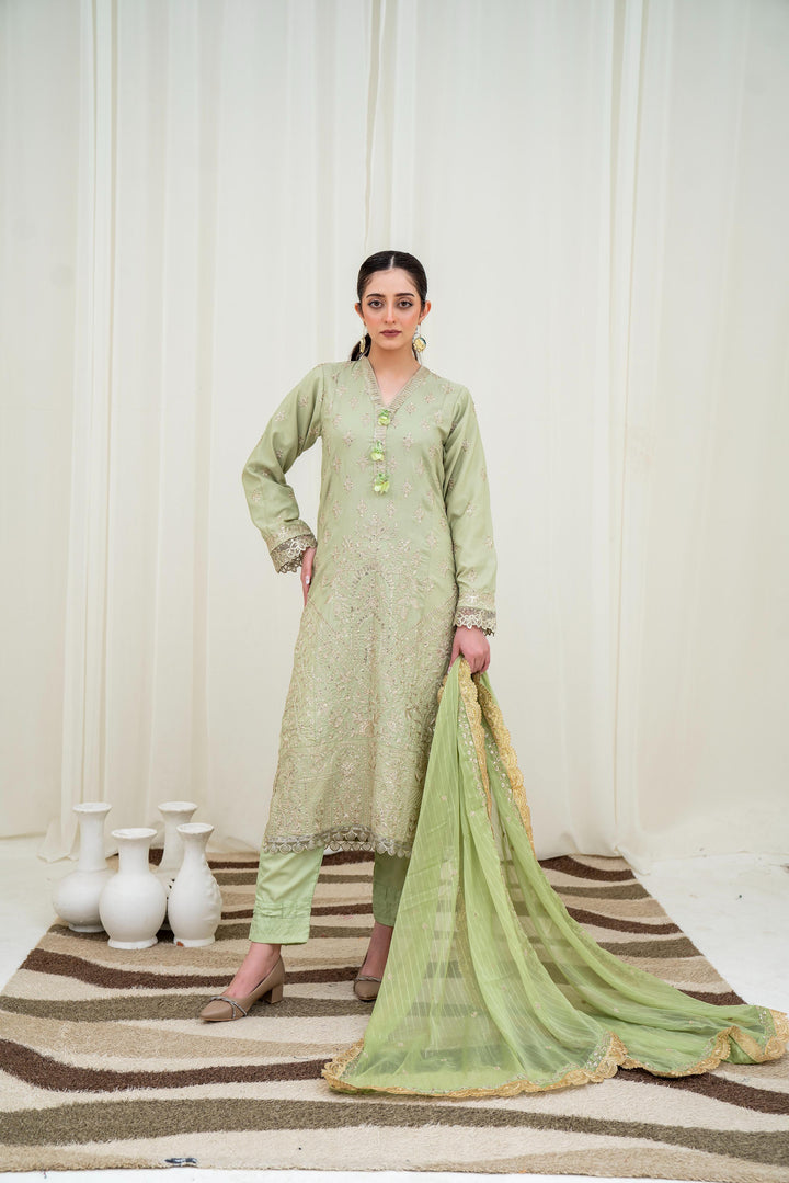 Embroidered Boski Silk Pista Stitched Suit - Asim Jofa