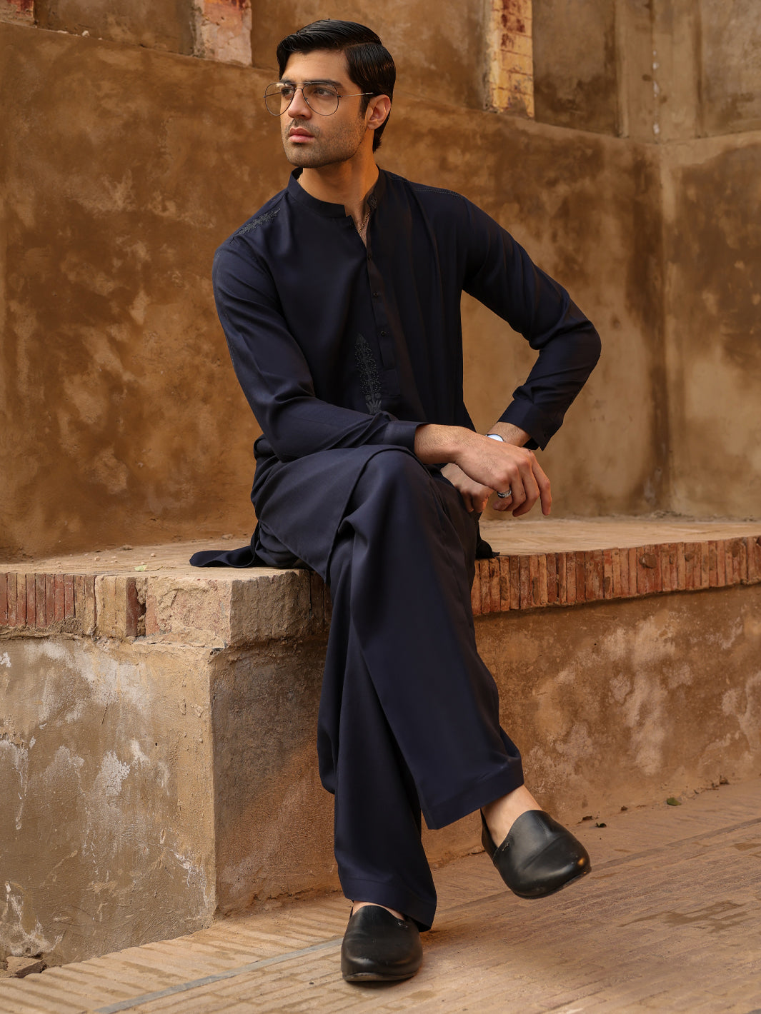 Polyester Navy Blue Shalwar Kameez - Almirah