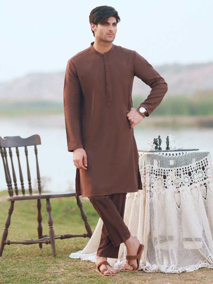 Blended Brown Kurta Trouser - Almirah