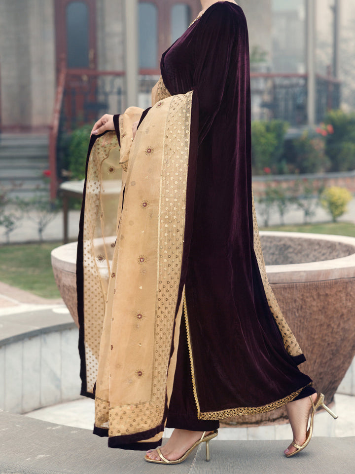 Velvet Maroon Stitched Suit - Almirah