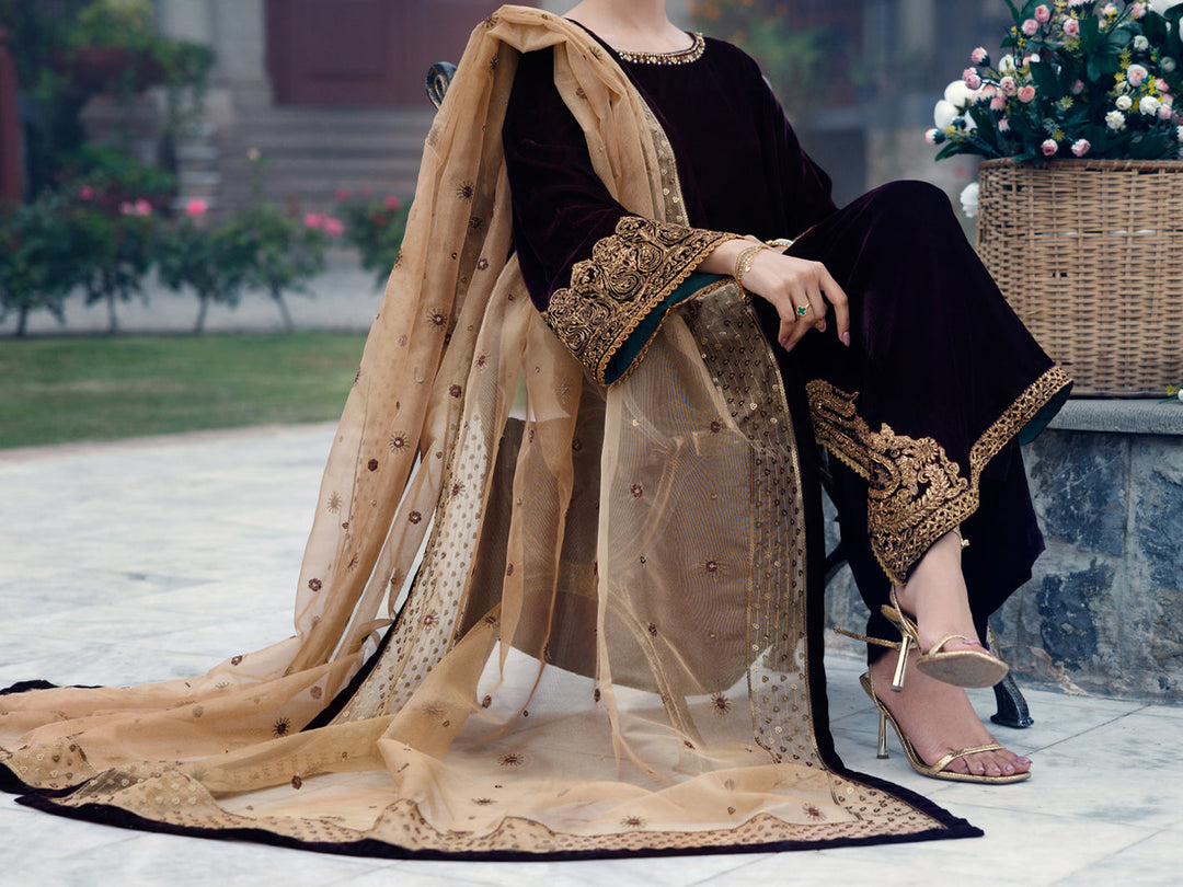 Velvet Maroon Stitched Suit - Almirah
