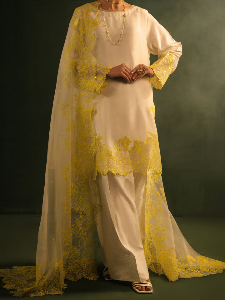 Raw Silk White Stitched Suit - Almirah