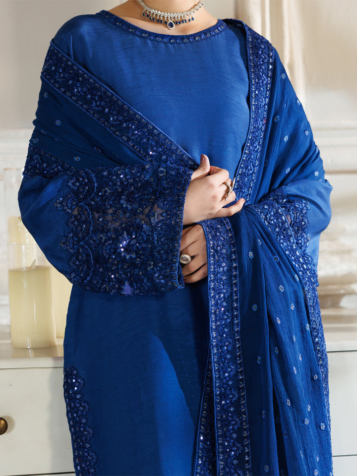 Raw Silk Royal Blue Stitched Suit - J. Junaid Jamshed