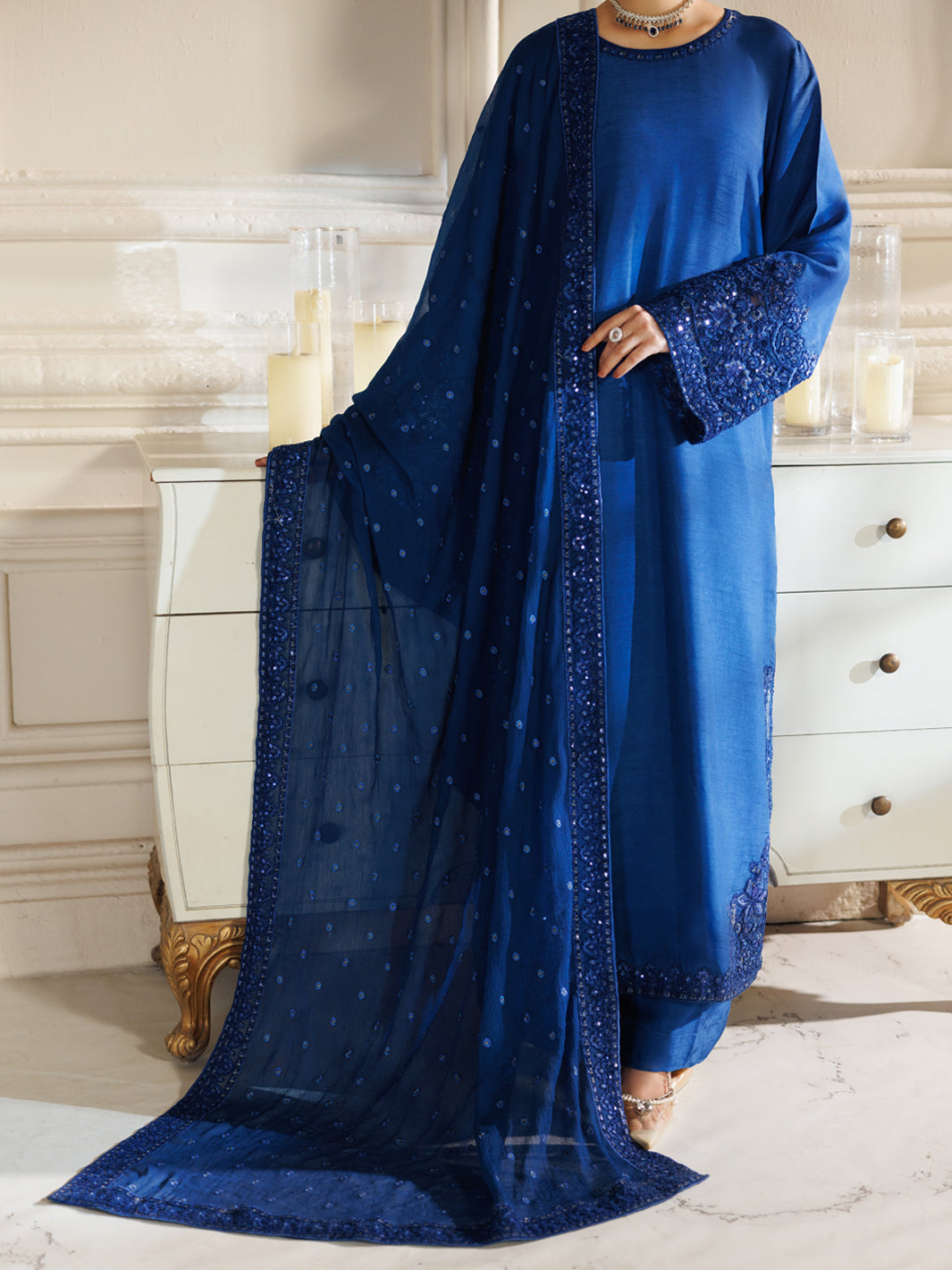 Raw Silk Royal Blue Stitched Suit - J. Junaid Jamshed