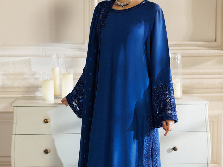 Raw Silk Royal Blue Stitched Suit - J. Junaid Jamshed
