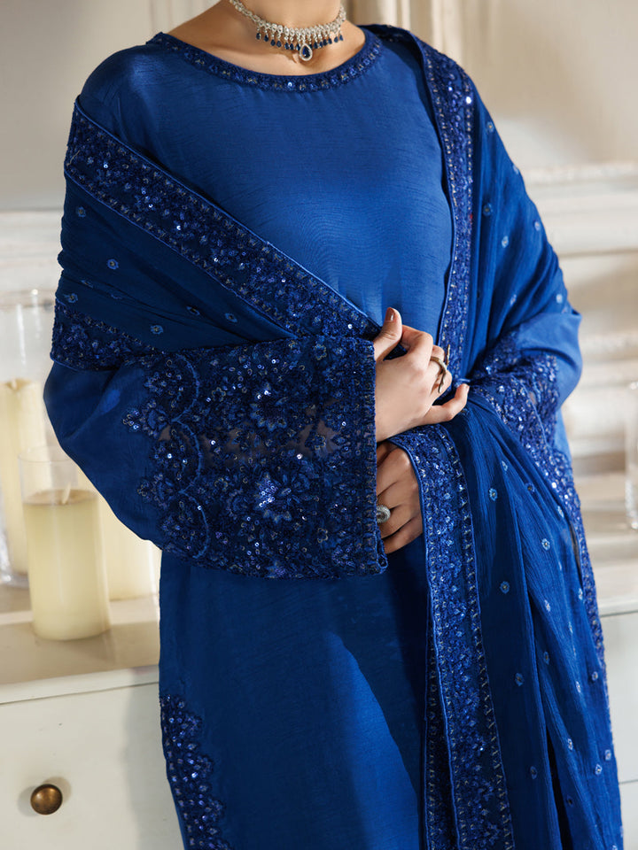 Raw Silk Royal Blue Stitched Suit - J. Junaid Jamshed